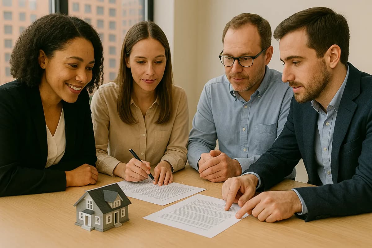 Real estate professionals reviewing property documents and plans